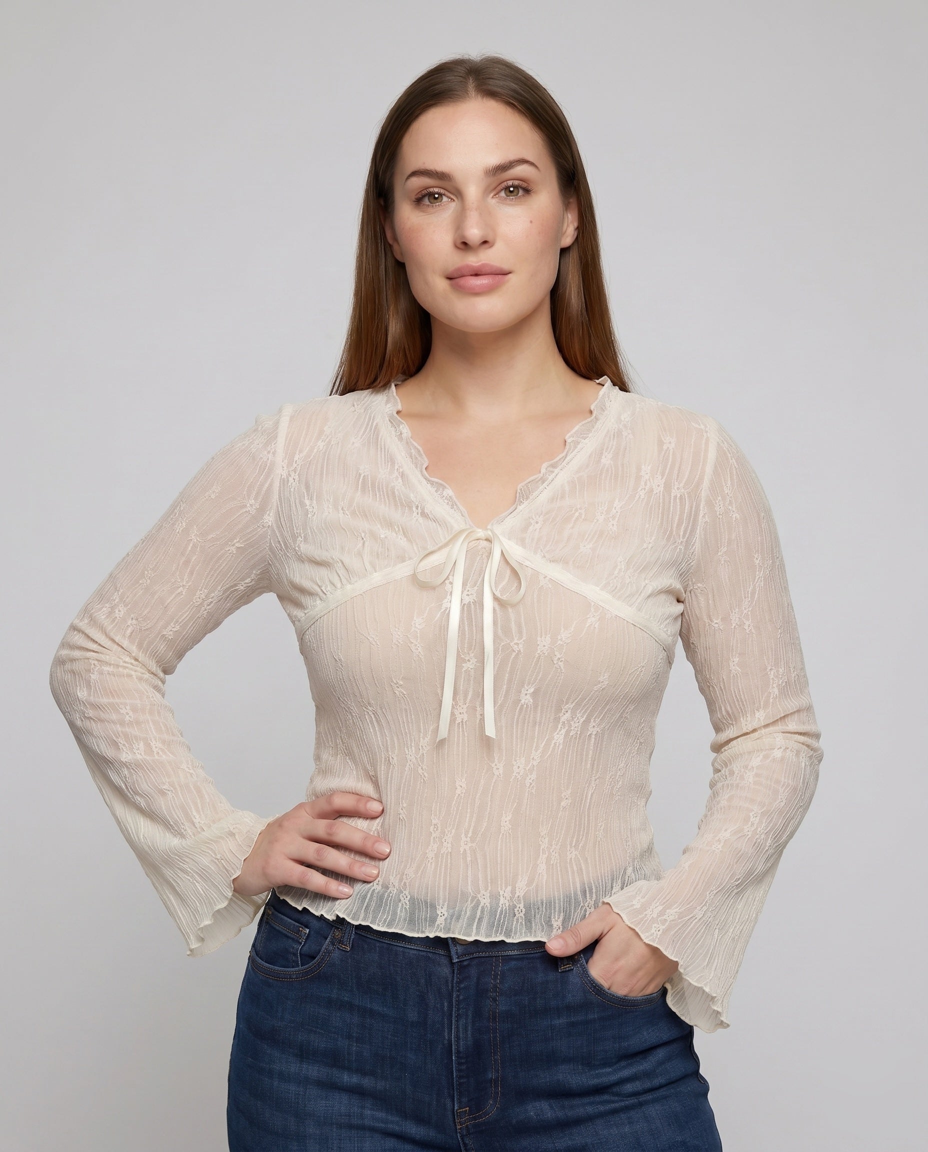 Women's Pleated Lace Blouse with Bow Accent - Upper Body View