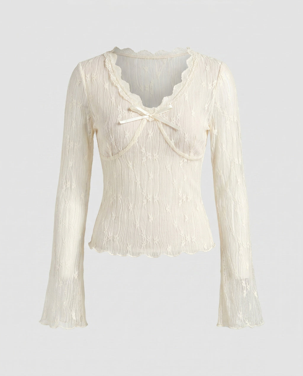 Women's Pleated Lace Blouse with Bow Accent