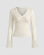 Women's Pleated Lace Blouse with Bow Accent