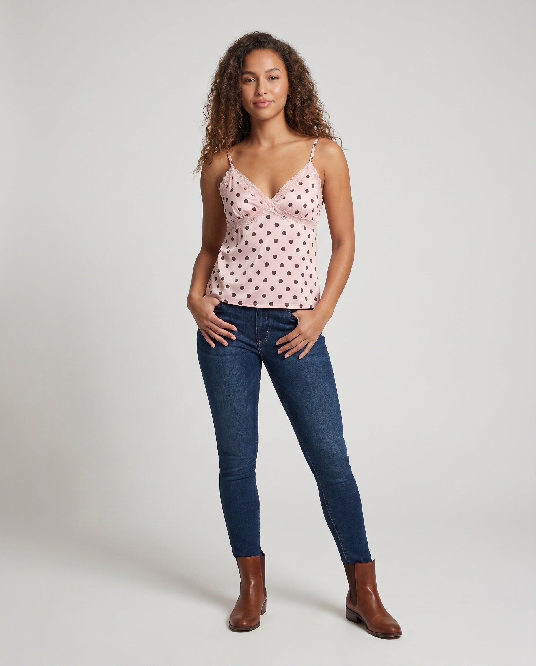 Women's Polka-Dot Spaghetti-Strap Top with Lace Trim - Front View