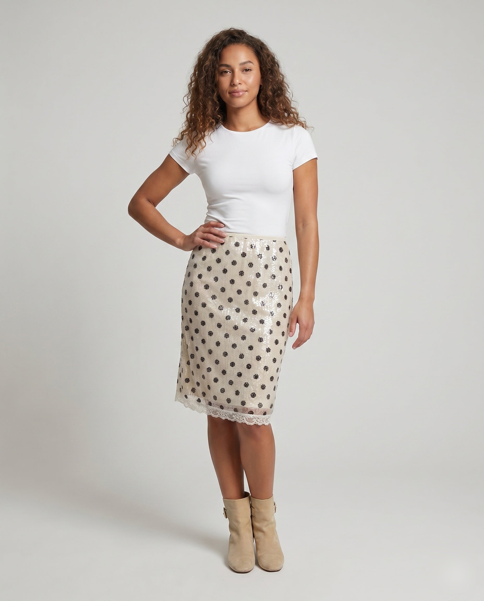 Women's Polka Dot Skirt with Lace Edge and Elastic Waistband - Front View