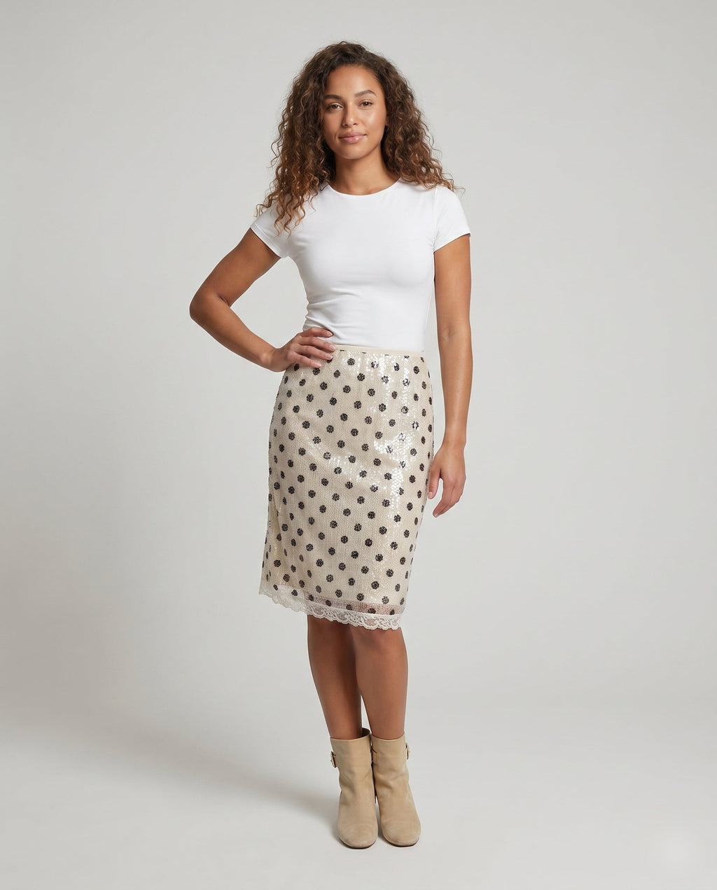 Women's Polka Dot Skirt with Lace Trim and Elastic Waistband - Front View