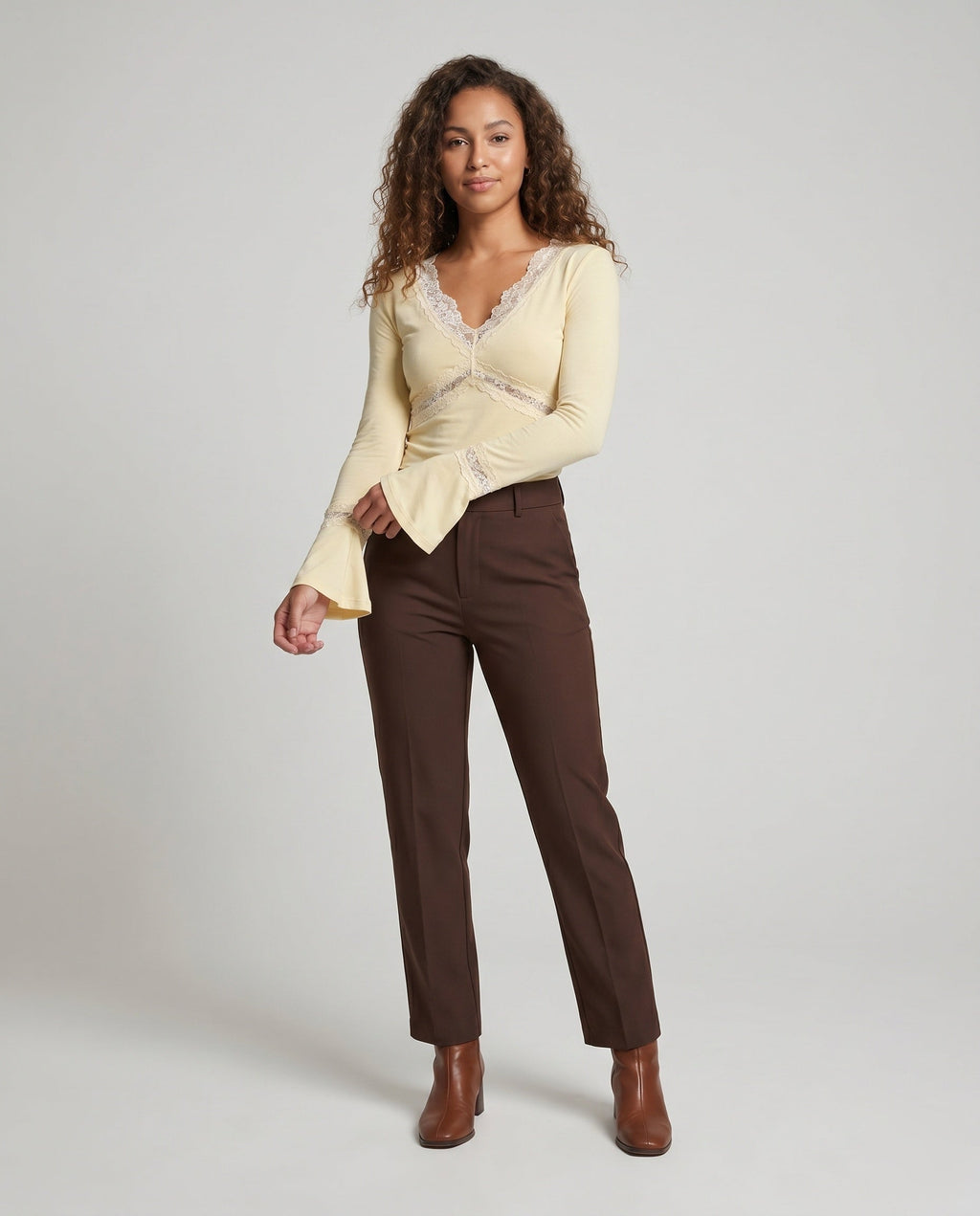 Women's Romantic Long Sleeve Shirt with an Elegant Lace V-Neck - Front View