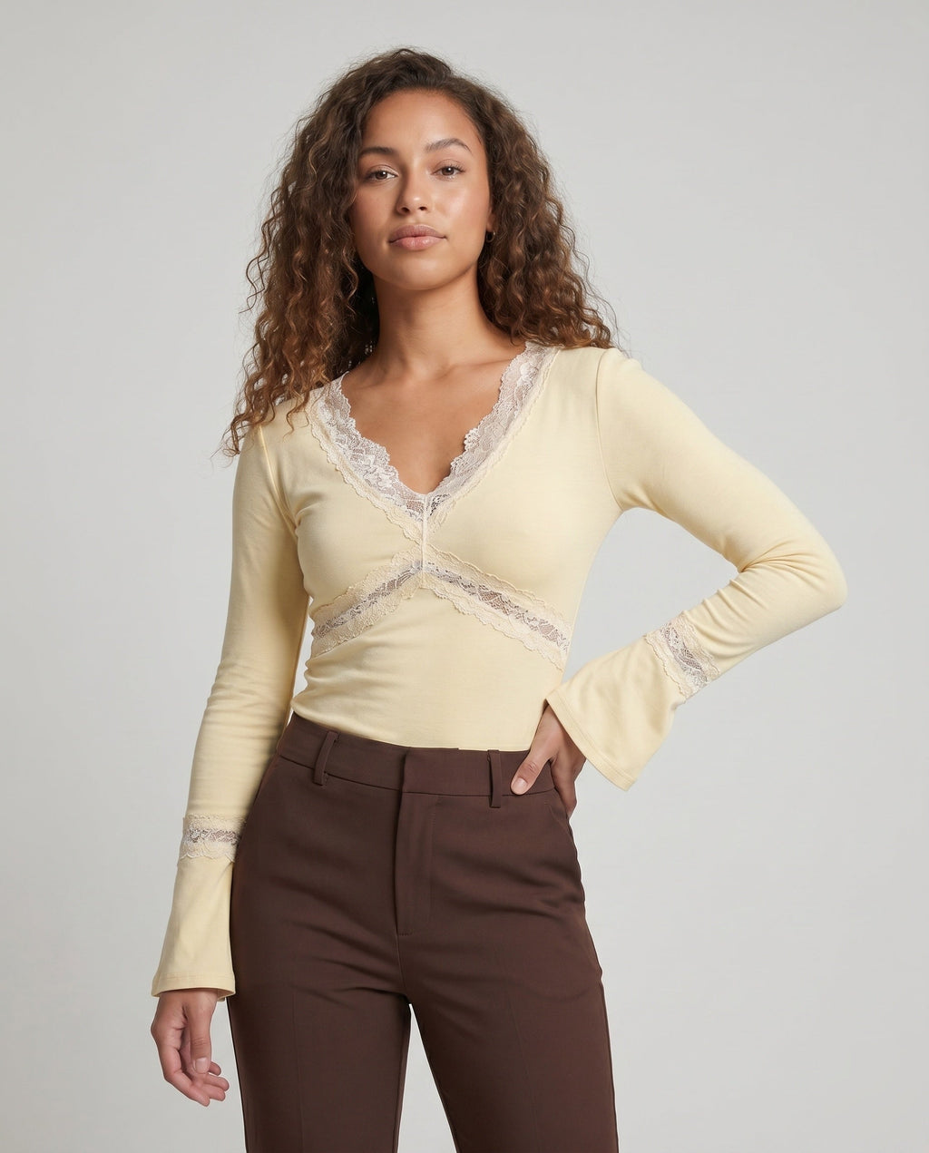 Women's Romantic Long Sleeve Shirt with an Elegant Lace V-Neck - Upper Body View