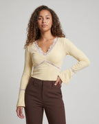 Women's Romantic Long Sleeve Shirt with an Elegant Lace V-Neck - Upper Body View