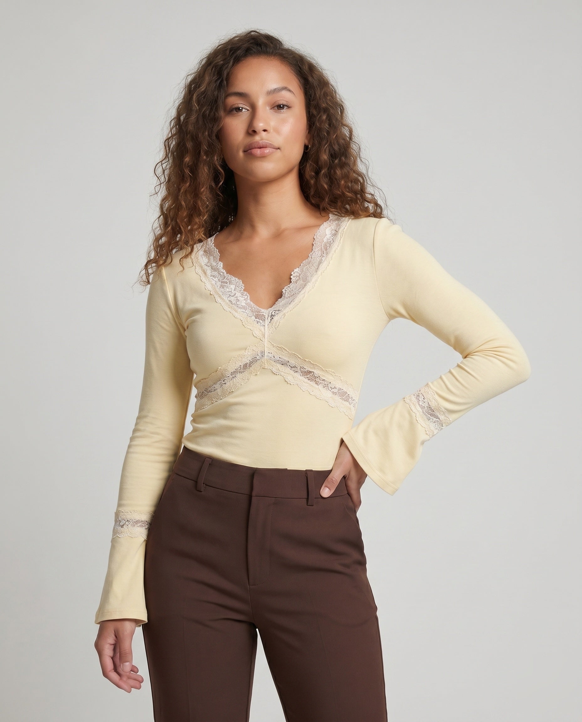 Women's Romantic Long Sleeve Shirt with an Elegant Lace V-Neck - Upper Body View