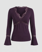 Women's Romantic Long Sleeve Shirt with an Elegant Lace V-Neck