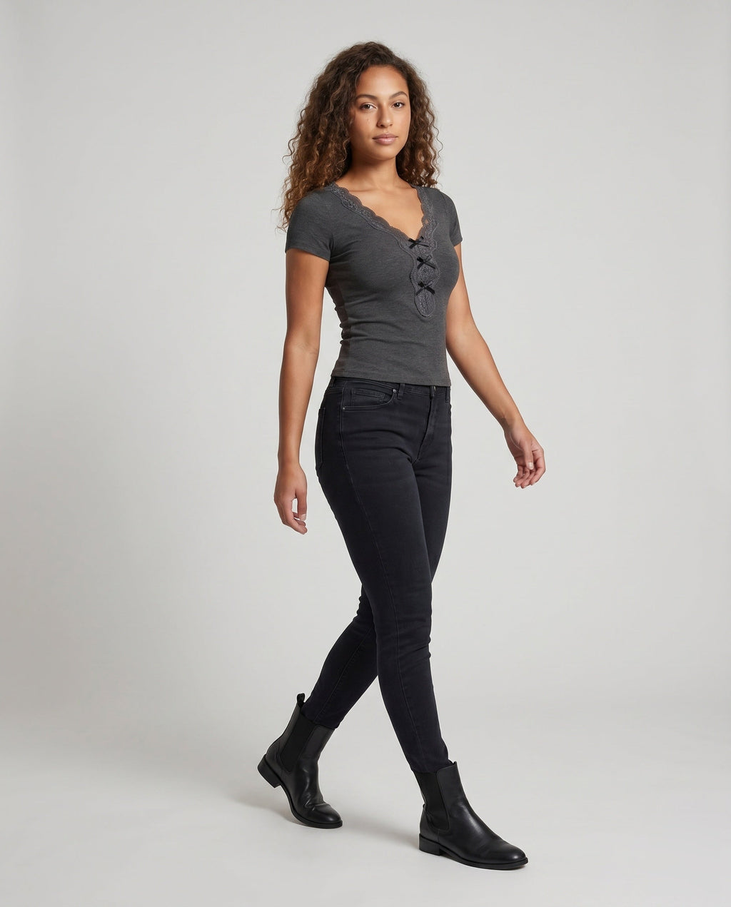 Women's Shirt with Lace Trim and Buttoned Neckline - Front View