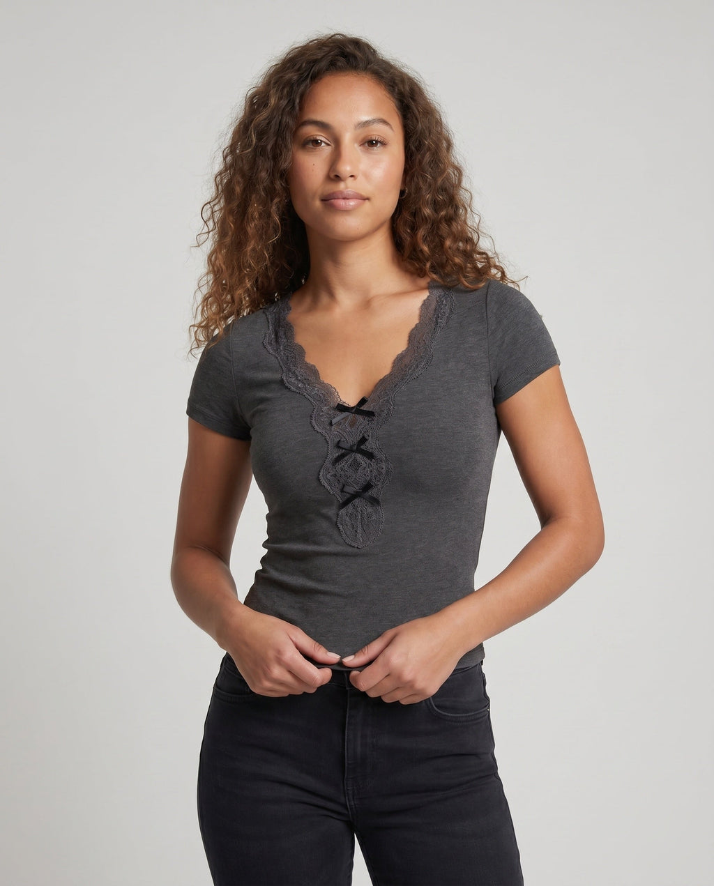 Women's Shirt with Lace Trim and Buttoned Neckline - Upper Body View