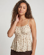 Women's Summer Blouse Top with Floral Patterns and Ruffles - Upper Body View
