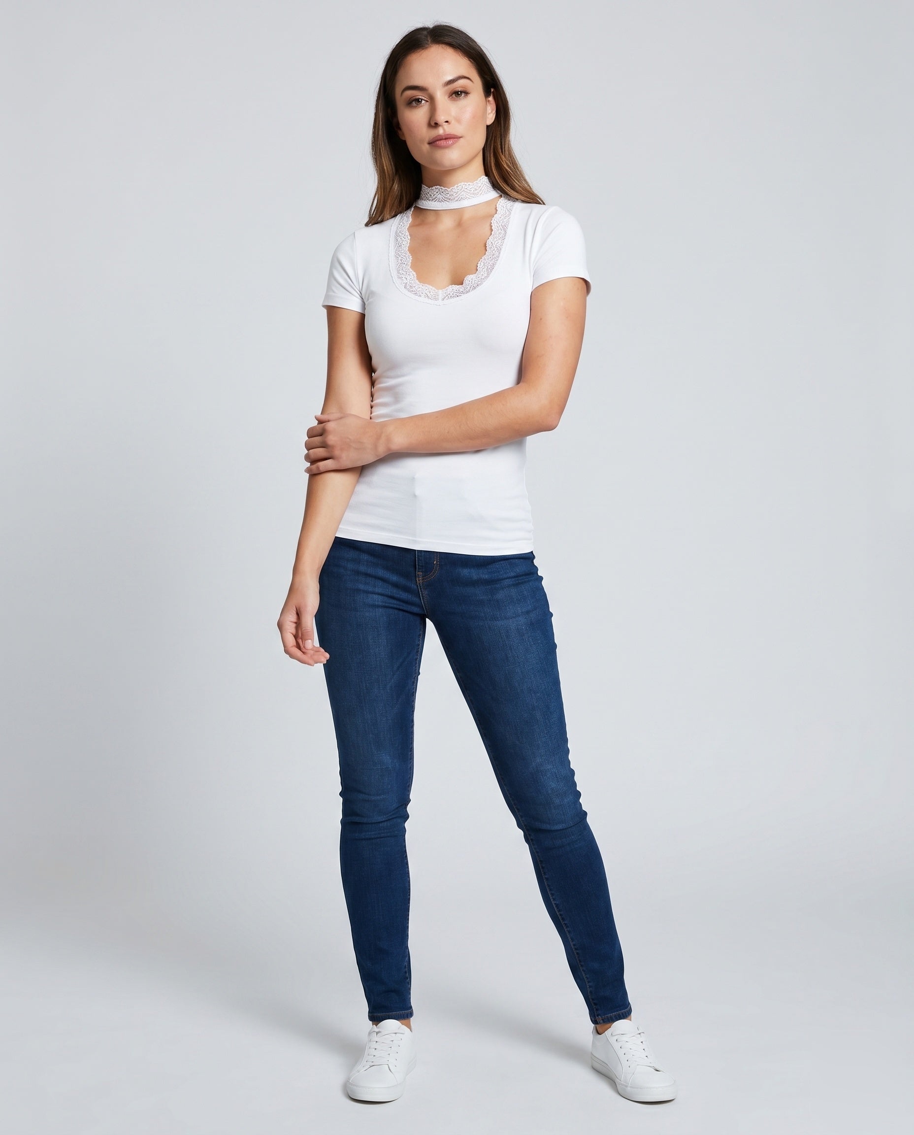 Women's Lace Neckline Short Sleeve Shirt with Choker - Front View