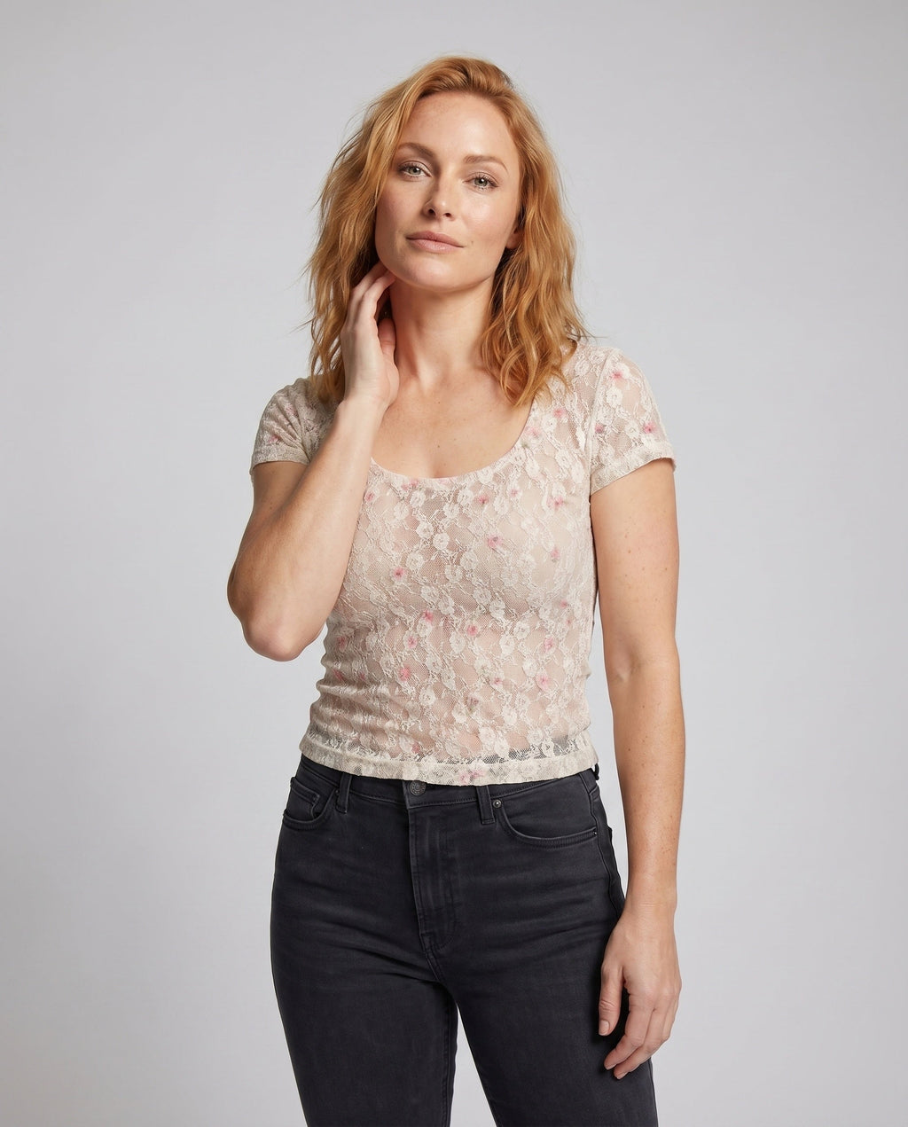 Women's Lace Top with Floral Pattern and Round Neckline - Upper Body View