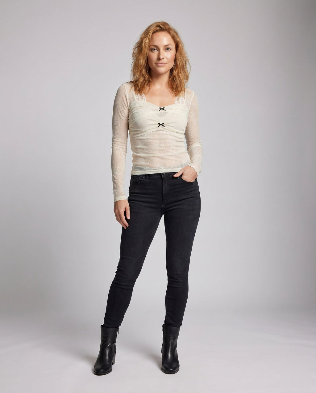 Women's Lace Top with Creative Draping Design - Front View