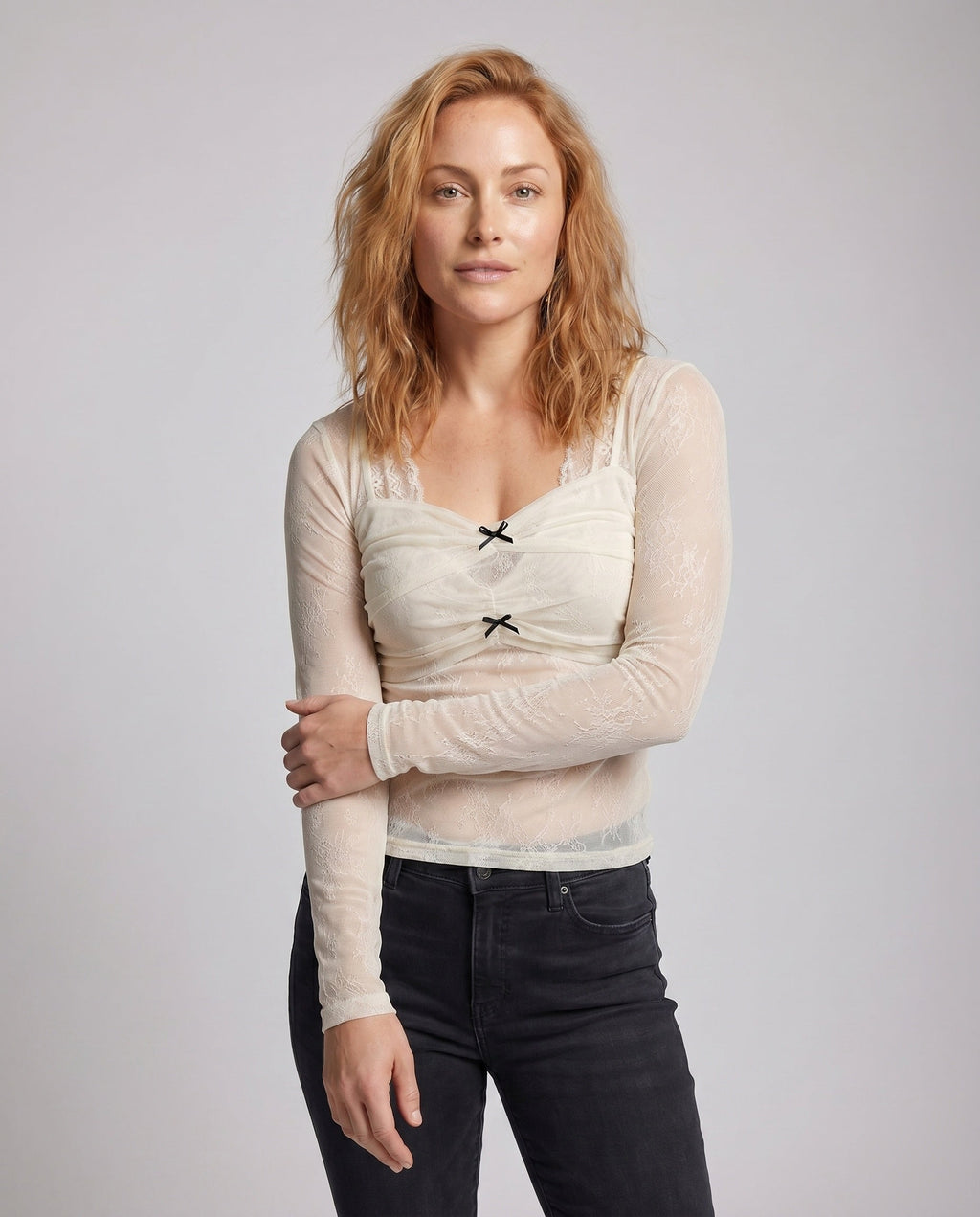 Women's Lace Top with Creative Draping Design - Upper Body View