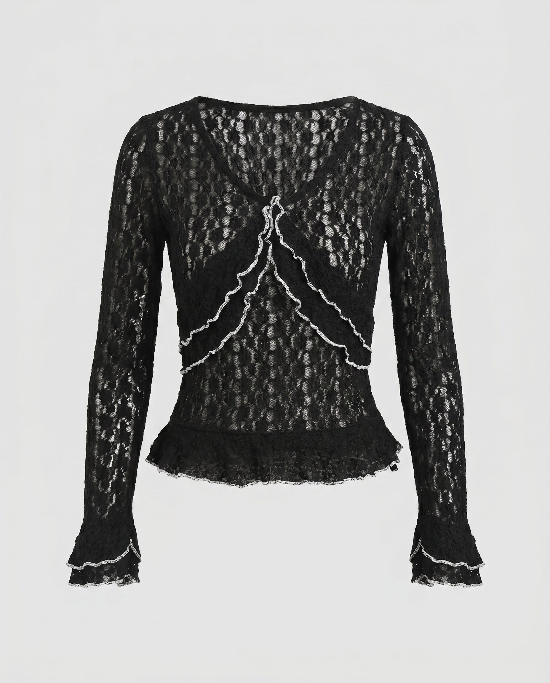 Women's Lace Top with Ruffle Details and Elegant V-Neck