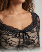 Women's Lace Top with Deep V-Neckline and Lacing Detail - Close-Up Detail