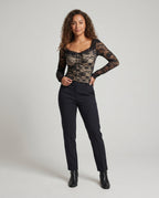 Women's Lace Top with Deep V-Neckline and Lacing Detail - Front View