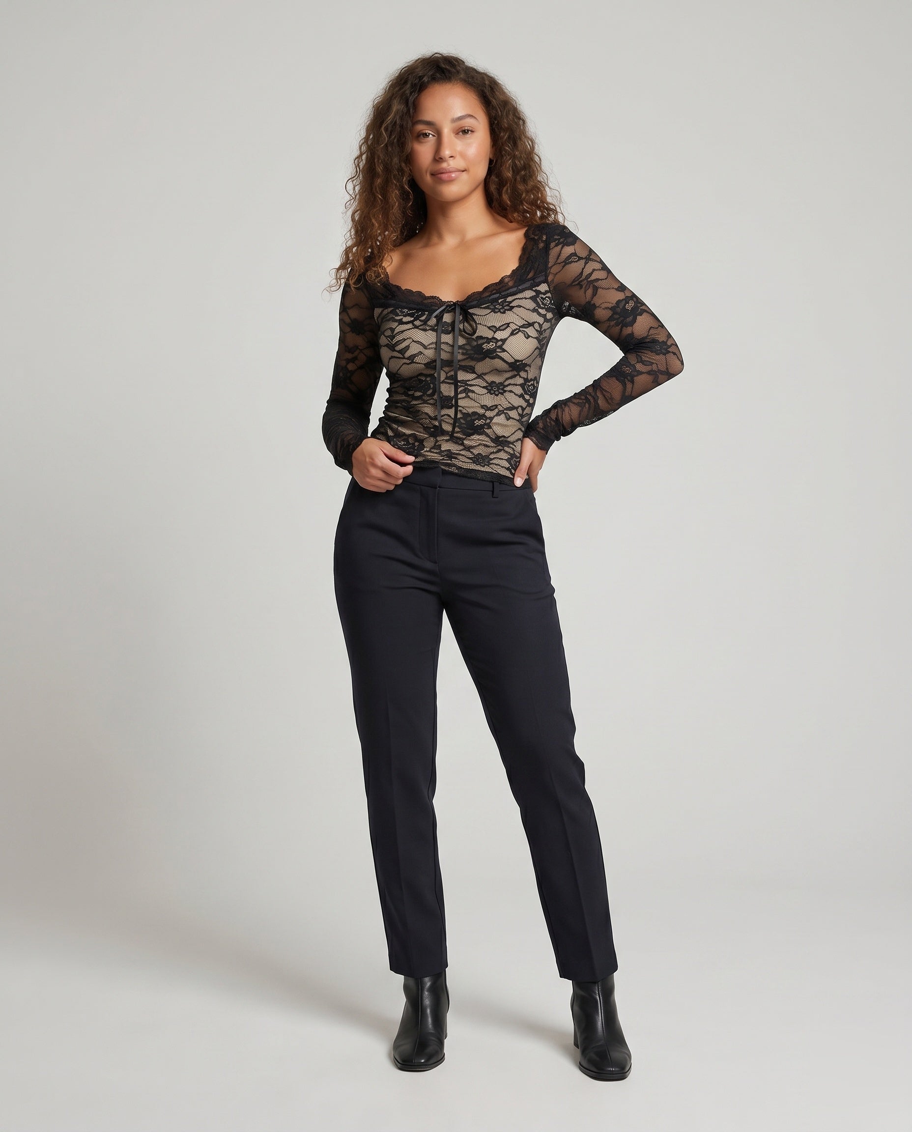 Women's Lace Top with Deep V-Neckline and Lacing Detail - Front View
