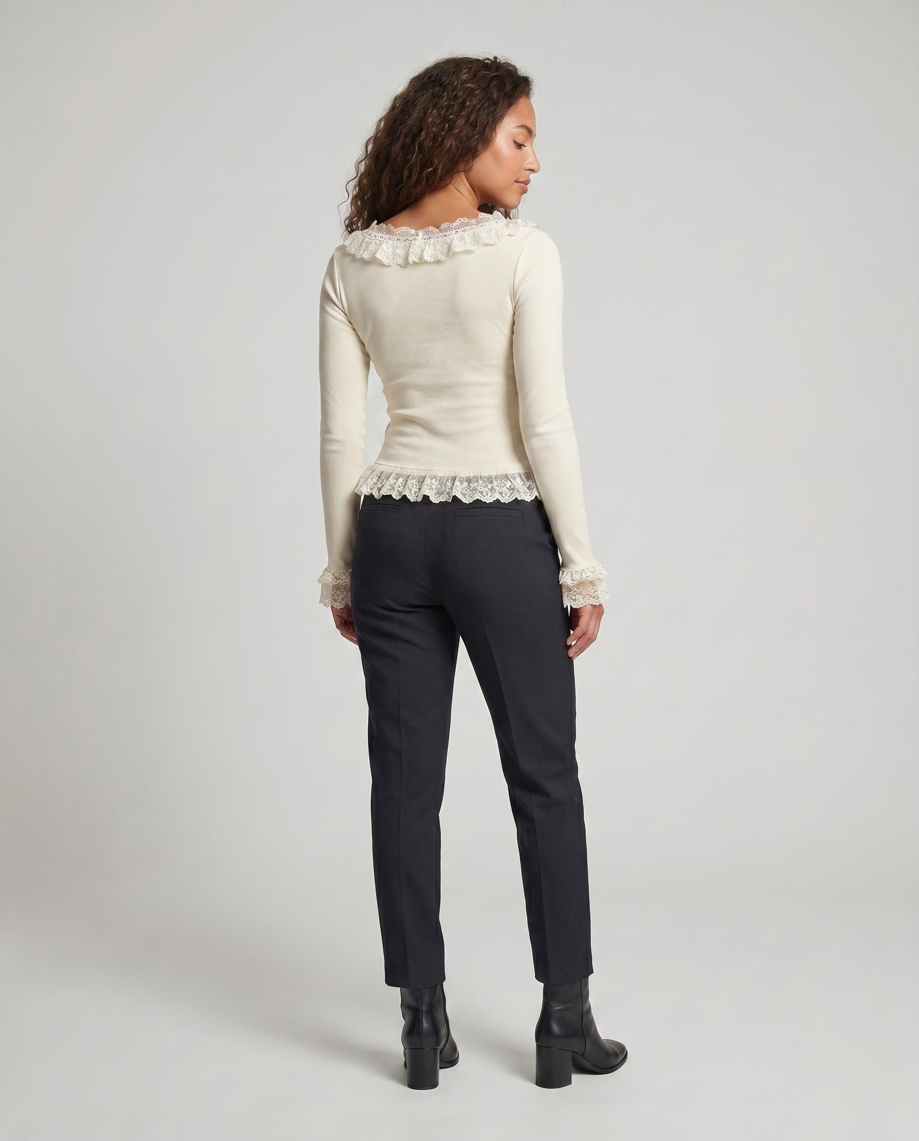 Women's Lace Top with Delicate Ruffle Details - Back View