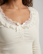 Women's Lace Top with Delicate Ruffle Details - Close-Up Detail