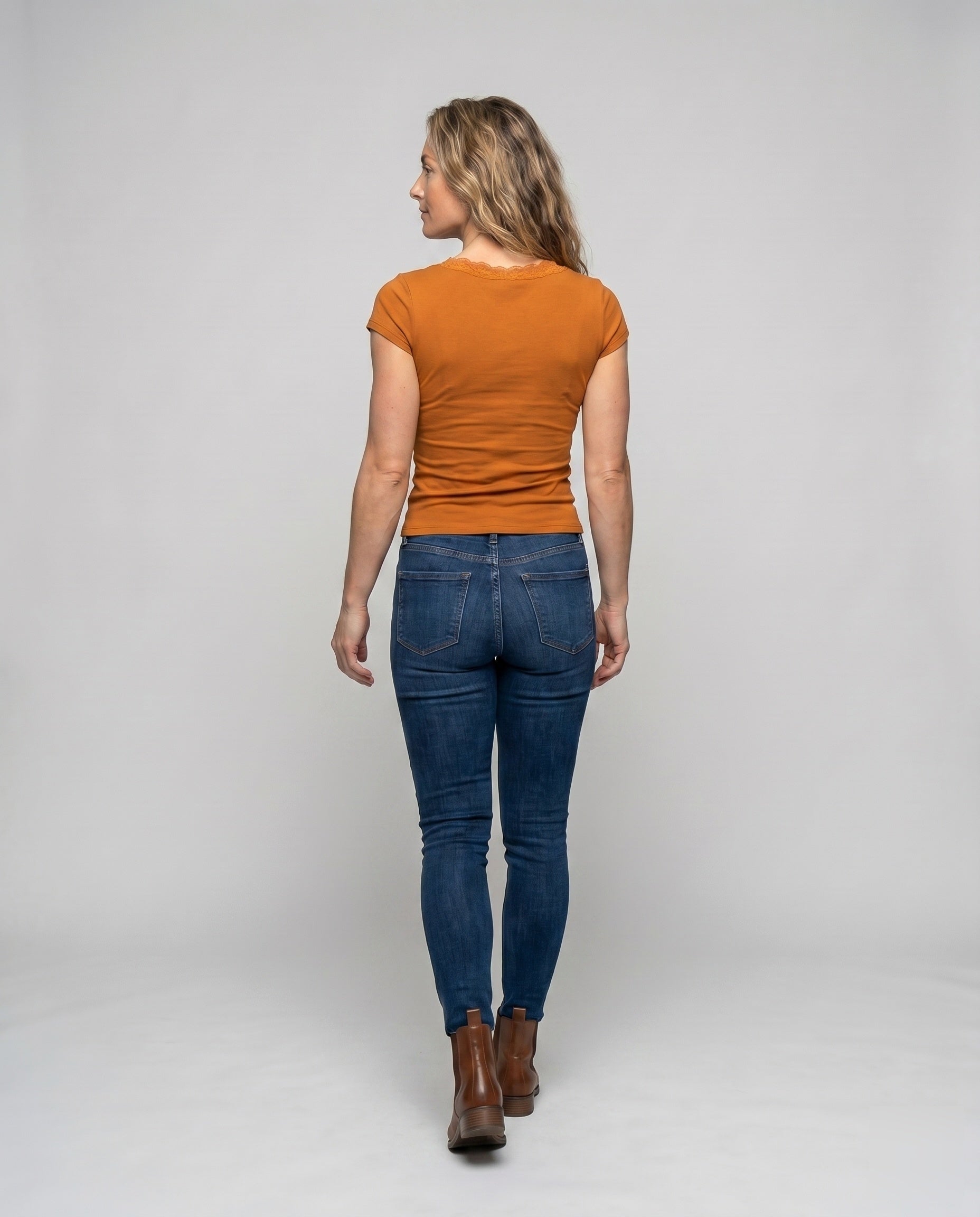 Women's Knit Top with Nostalgic Lace Insert and Adjustable Drawstring - Back View