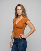 Women's Knit Top with Nostalgic Lace Insert and Adjustable Drawstring - Upper Body View