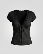 Women's Knit Top with Nostalgic Lace Insert and Adjustable Drawstring