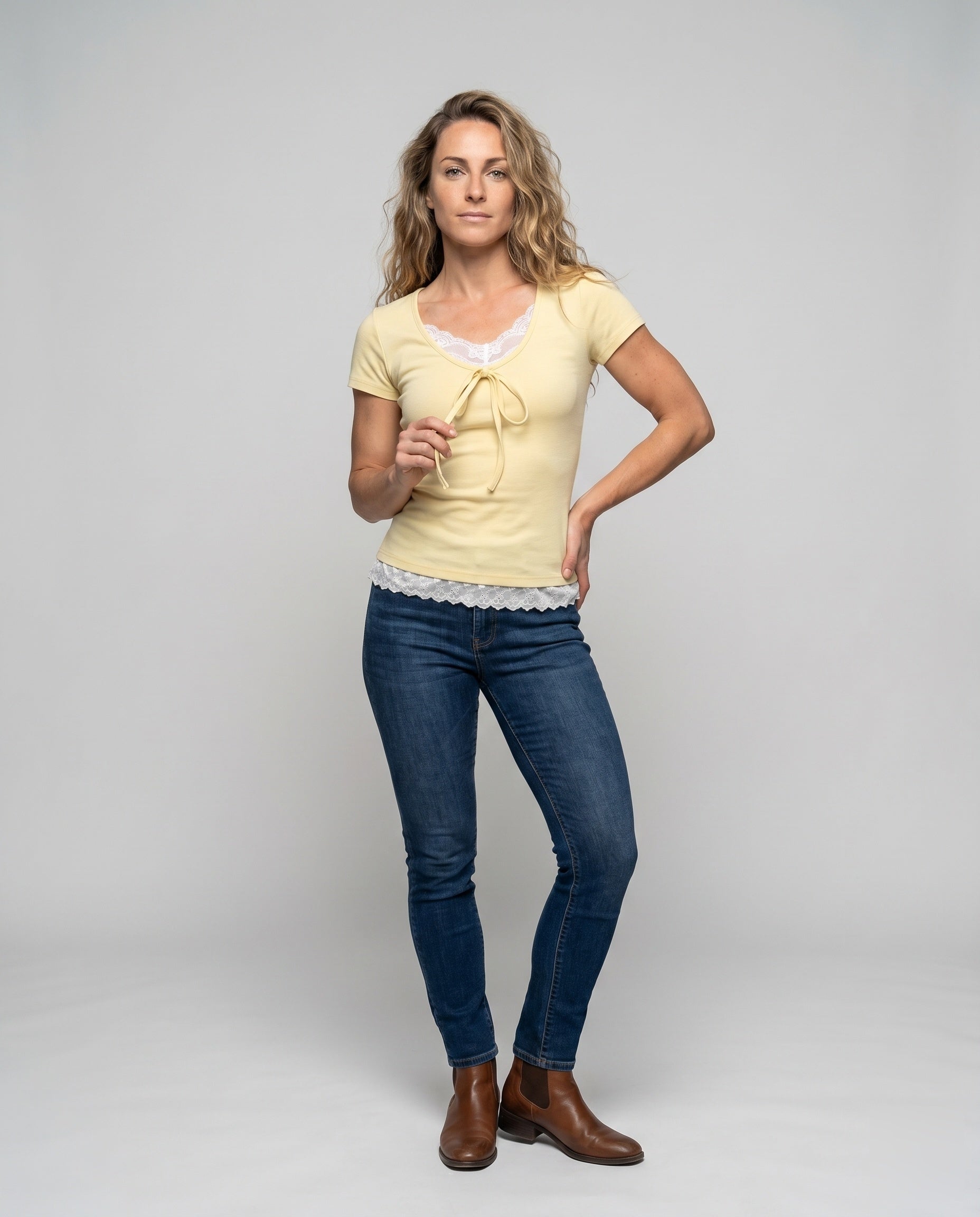 Women's T-Shirt with Decorative Bow and Lace Underlay - Front View