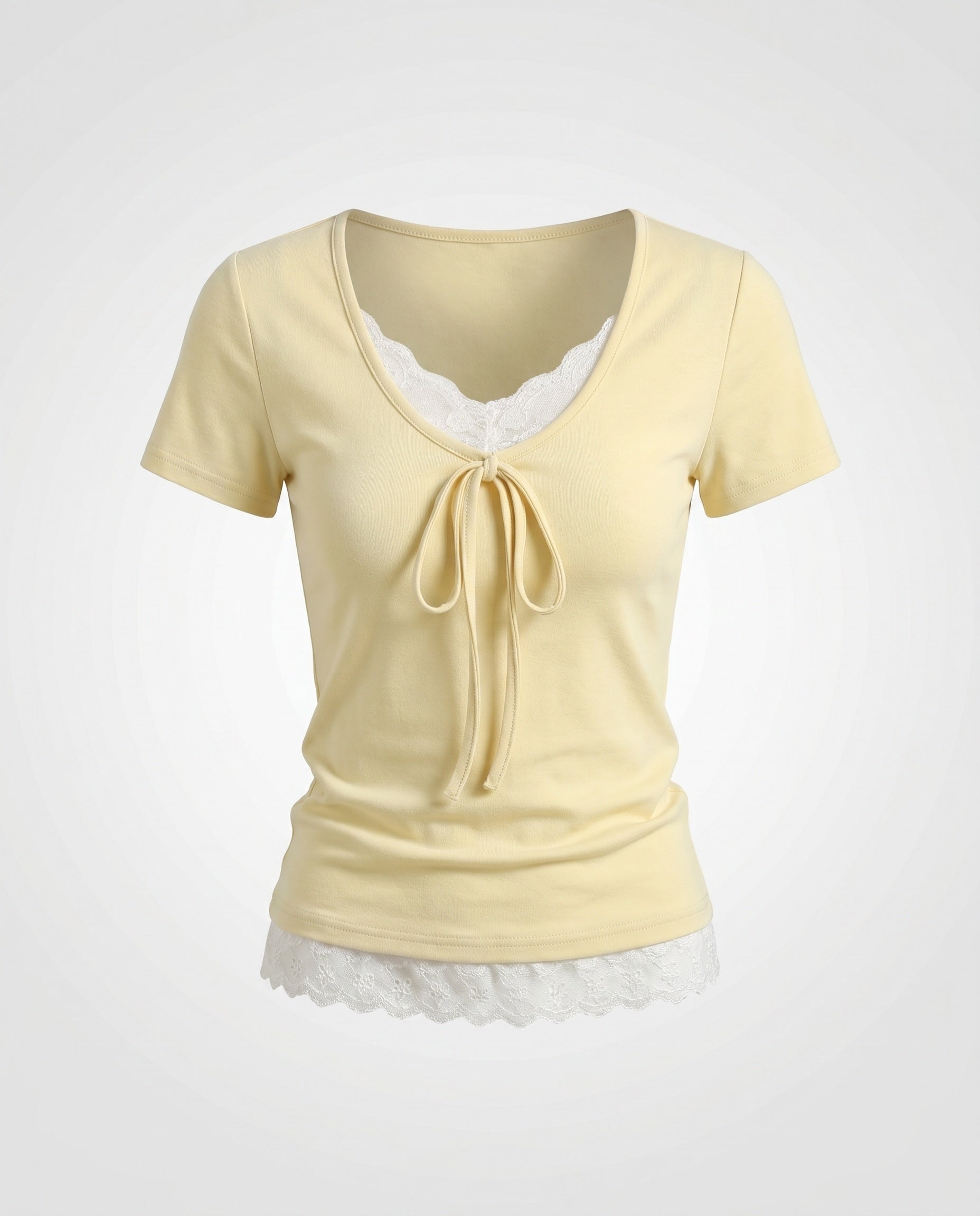 Women's T-Shirt with Decorative Bow and Lace Underlay
