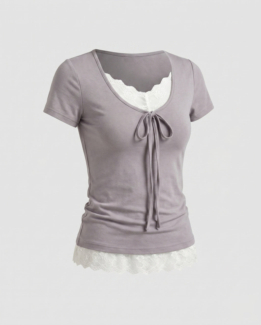 Women's T-Shirt with Decorative Bow and Lace Underlay