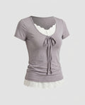 Women's T-Shirt with Decorative Bow and Lace Underlay