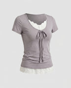 Women's T-Shirt with Decorative Bow and Lace Underlay