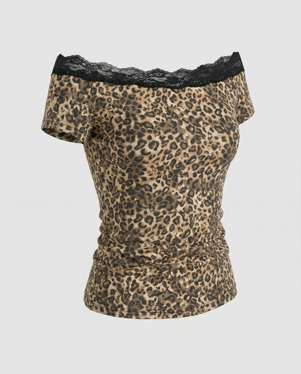 Women's T-Shirt with Elegant Lace Trim and Trendy Leopard Print