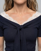Women's T-Shirt with Feminine Lace Embellishment and Decorative Bow - Close-Up Detail