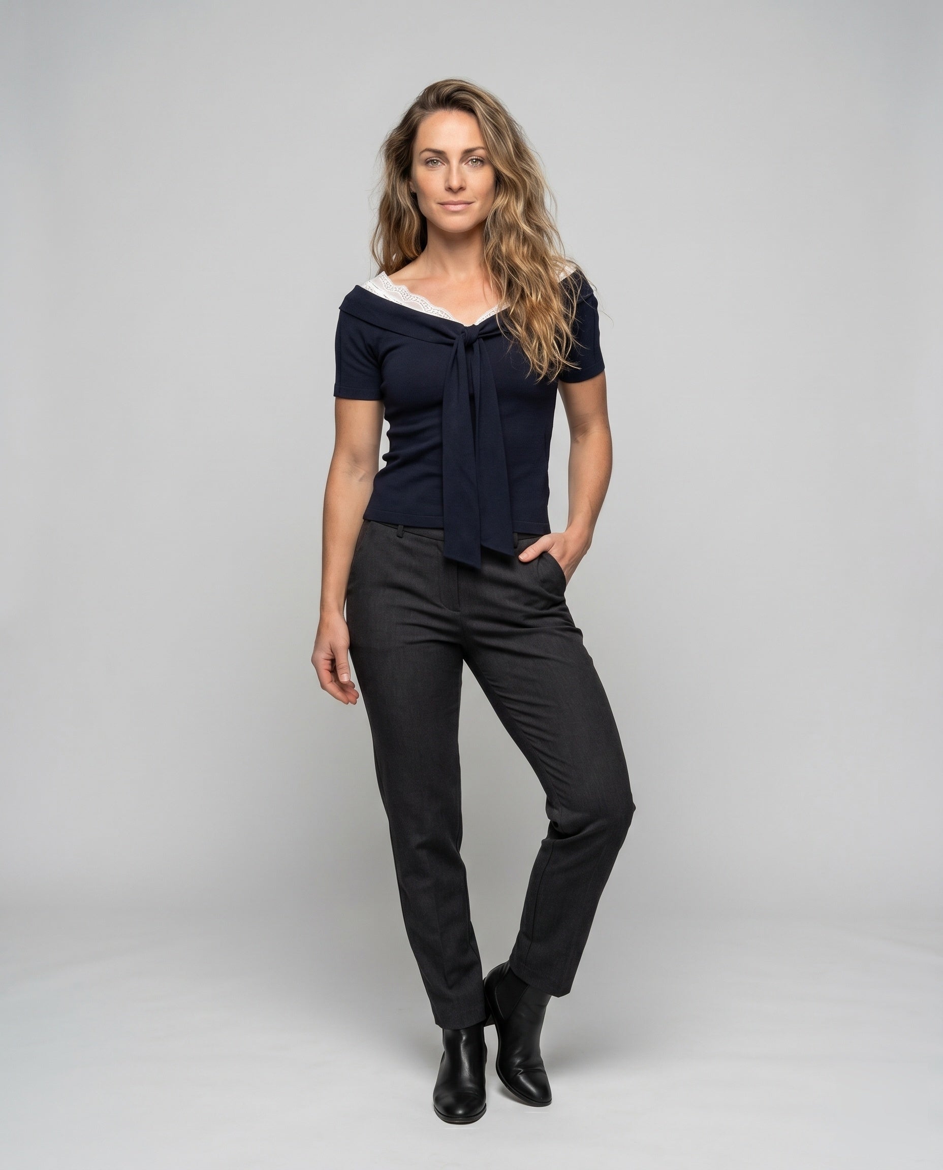 Women's T-Shirt with Feminine Lace Embellishment and Decorative Bow - Front View