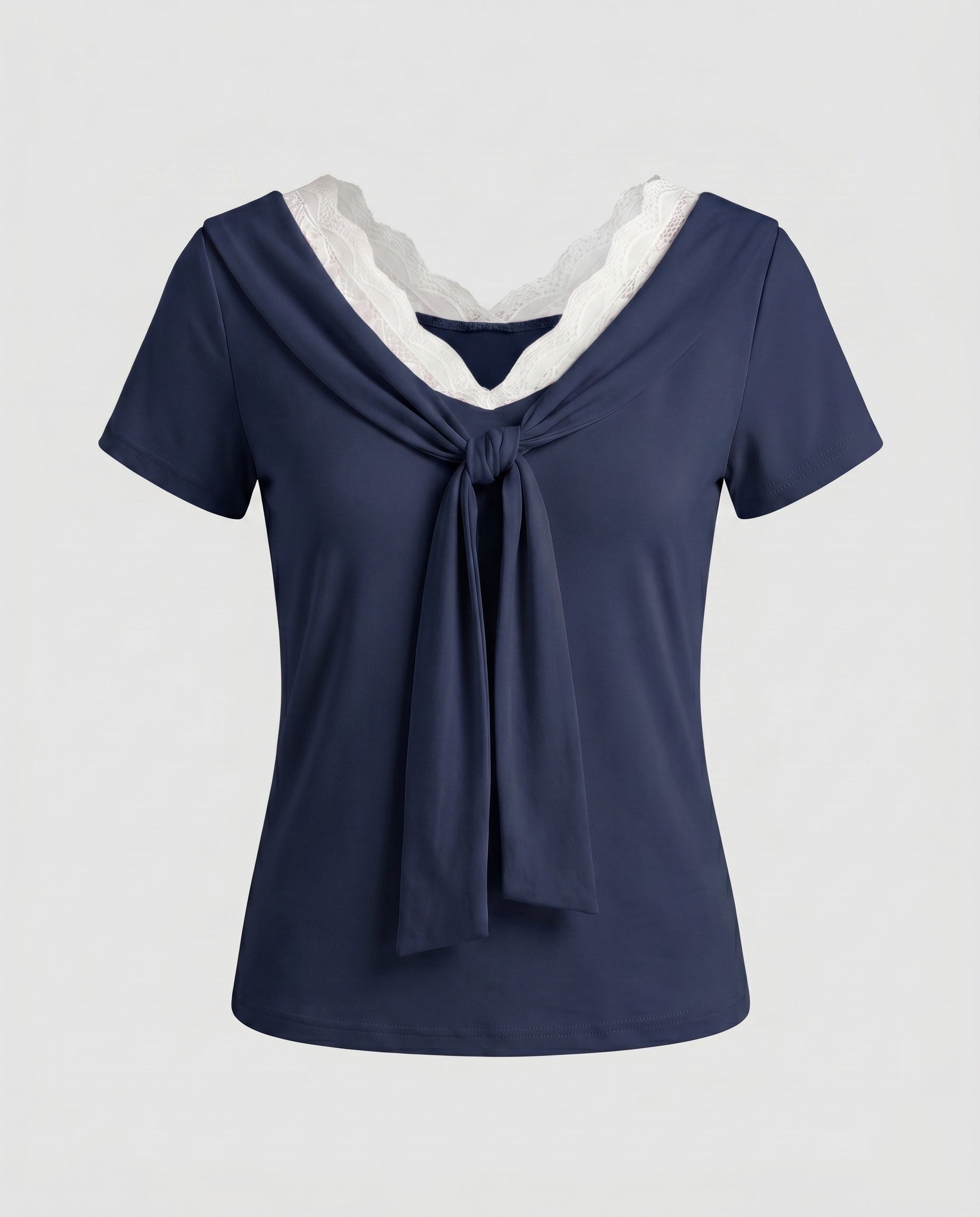 Women's T-Shirt with Feminine Lace Embellishment and Decorative Bow