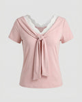 Women's T-Shirt with Feminine Lace Embellishment and Decorative Bow