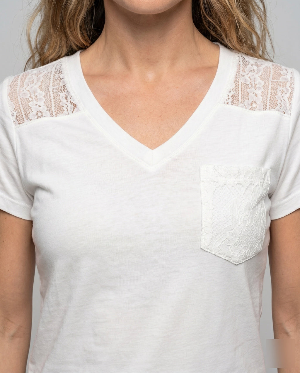 Women's T-Shirt with Floral Lace Insert and V-Neck - Close-Up Detail