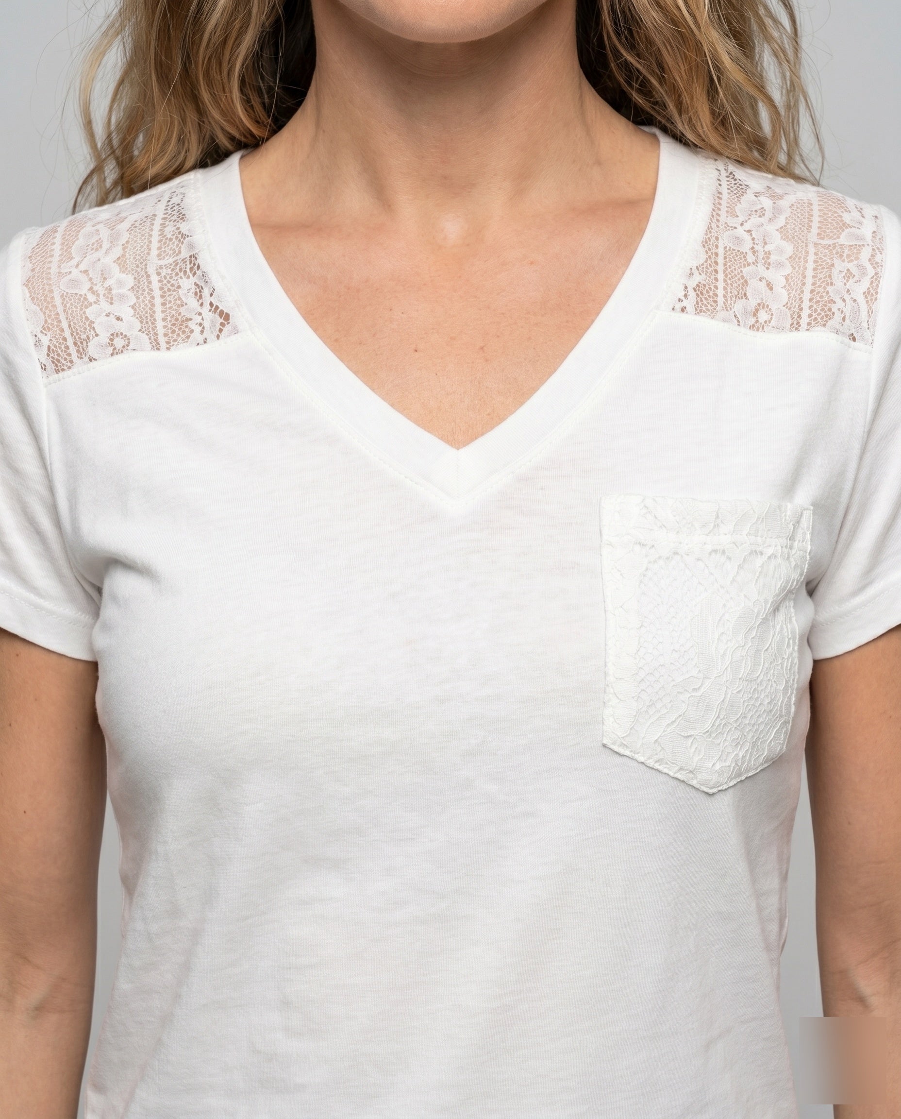 Women's T-Shirt with Floral Lace Insert and V-Neck - Close-Up Detail