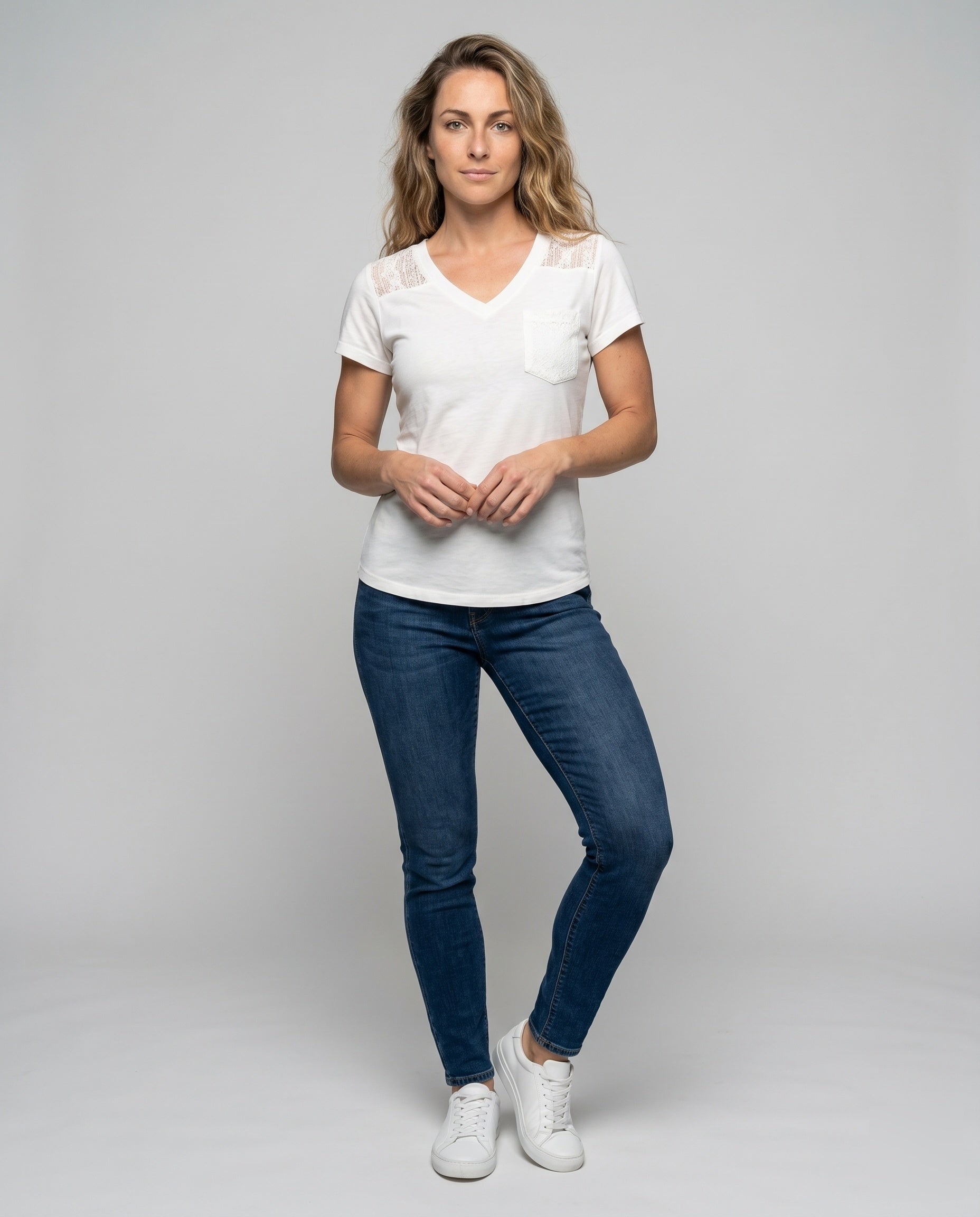 Women's T-Shirt with Floral Lace Insert and V-Neck - Front View
