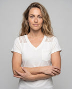 Women's T-Shirt with Floral Lace Insert and V-Neck - Upper Body View
