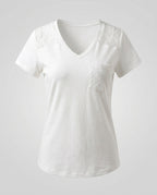 Women's T-Shirt with Floral Lace Insert and V-Neck