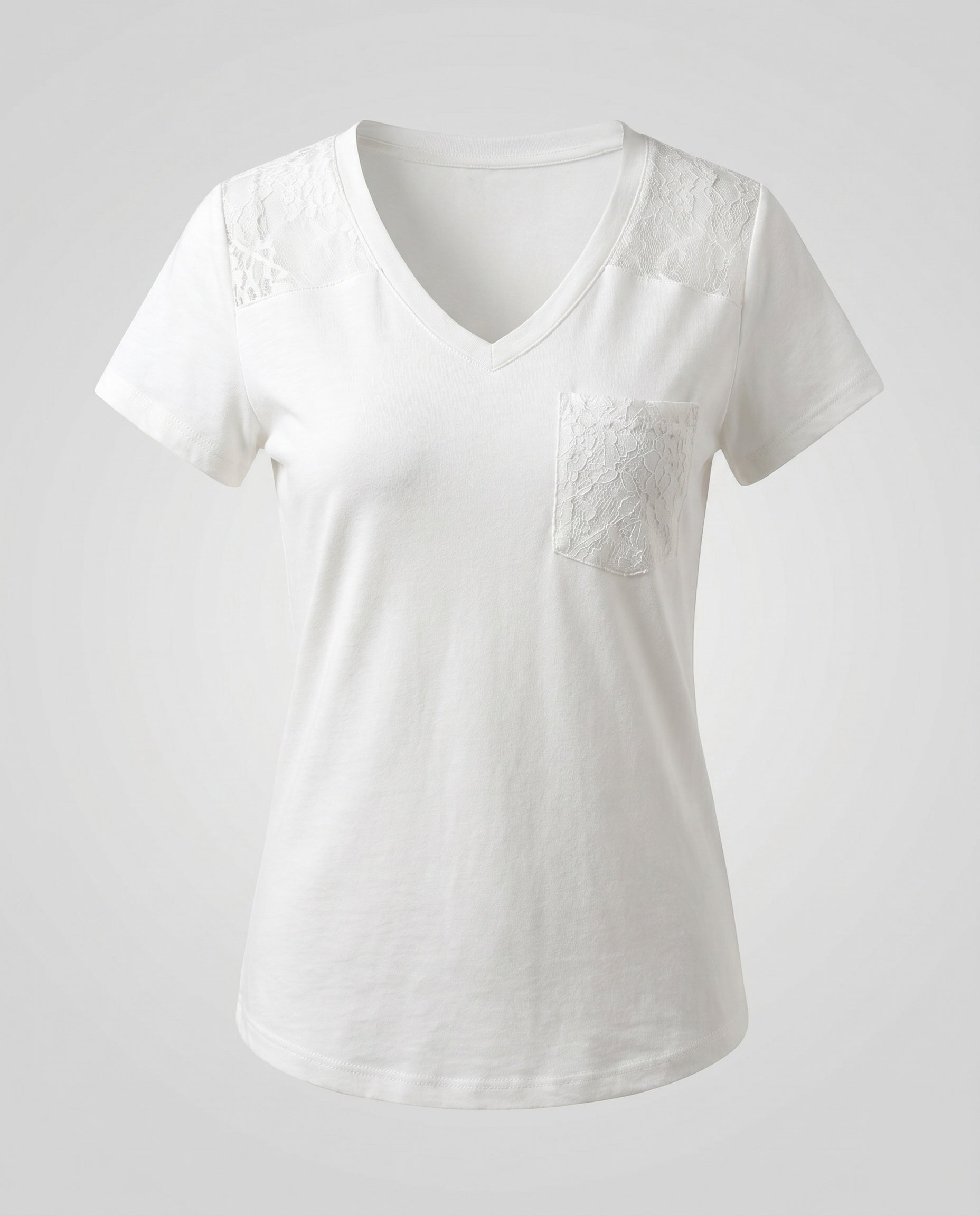 Women's T-Shirt with Floral Lace Insert and V-Neck