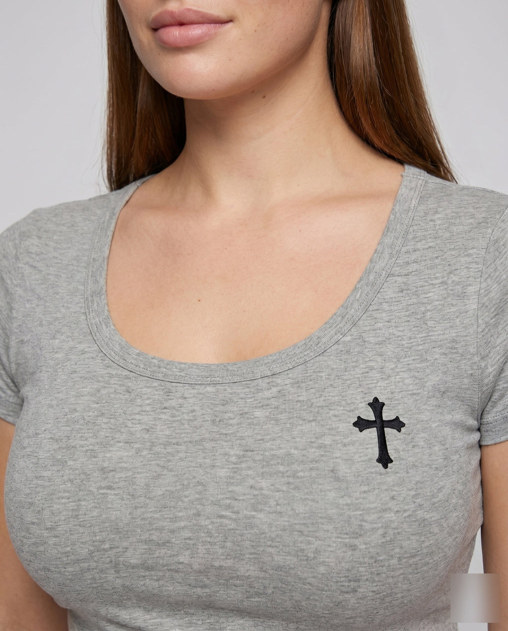 Women's T-Shirt with Transparent Lace Cross Design - Close-Up Detail