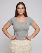 Women's T-Shirt with Transparent Lace Cross Design - Upper Body View