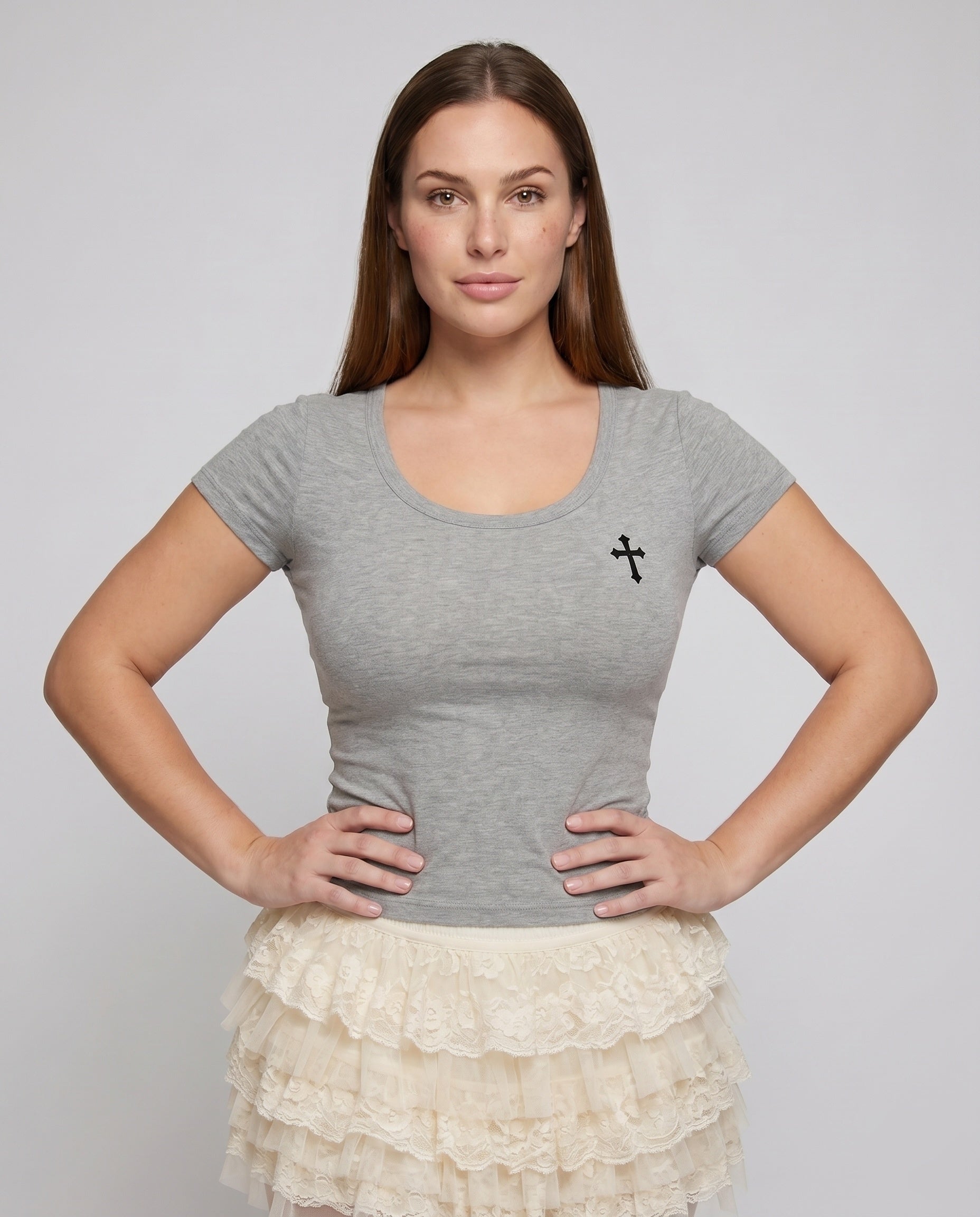 Women's T-Shirt with Transparent Lace Cross Design - Upper Body View