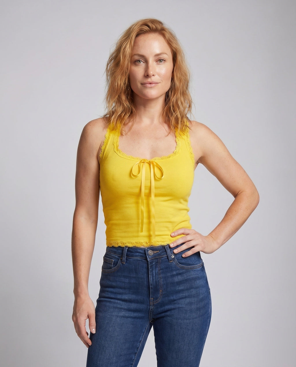 Women's Tops with Lace Details and Playful Knot - Upper Body View
