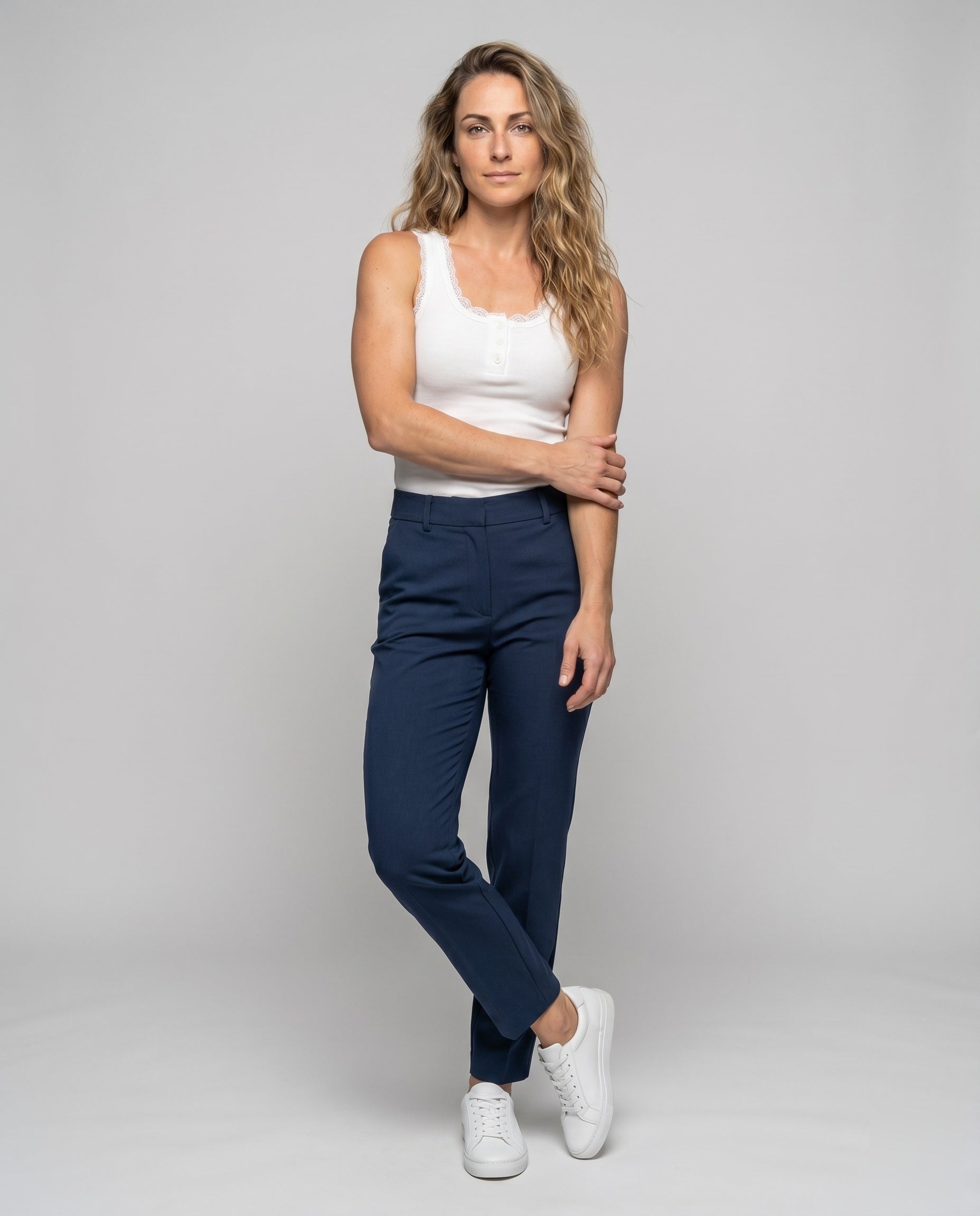 Women's Tank Top with Decorative Lace Trim and Button Placket - Front View