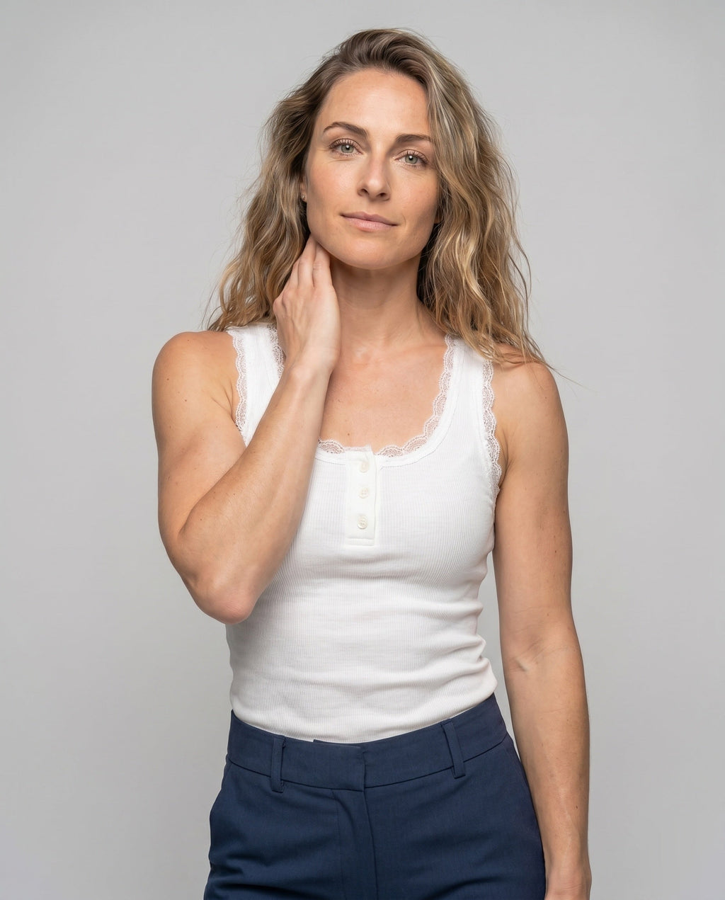 Women's Tank Top with Decorative Lace Trim and Button Placket - Upper Body View