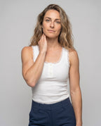 Women's Tank Top with Decorative Lace Trim and Button Placket - Upper Body View